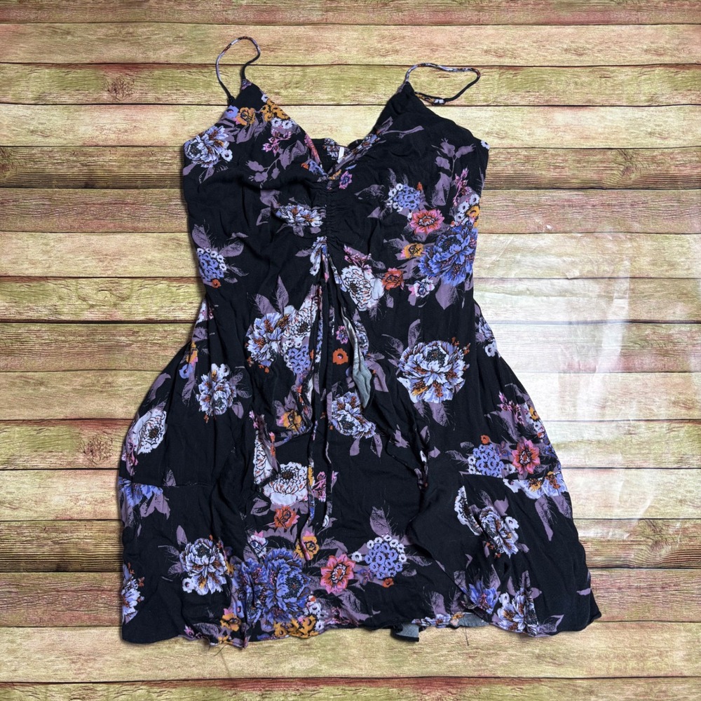 Free People Happy Heart Floral Smocked Mini Dress Black Purple Size Large L
